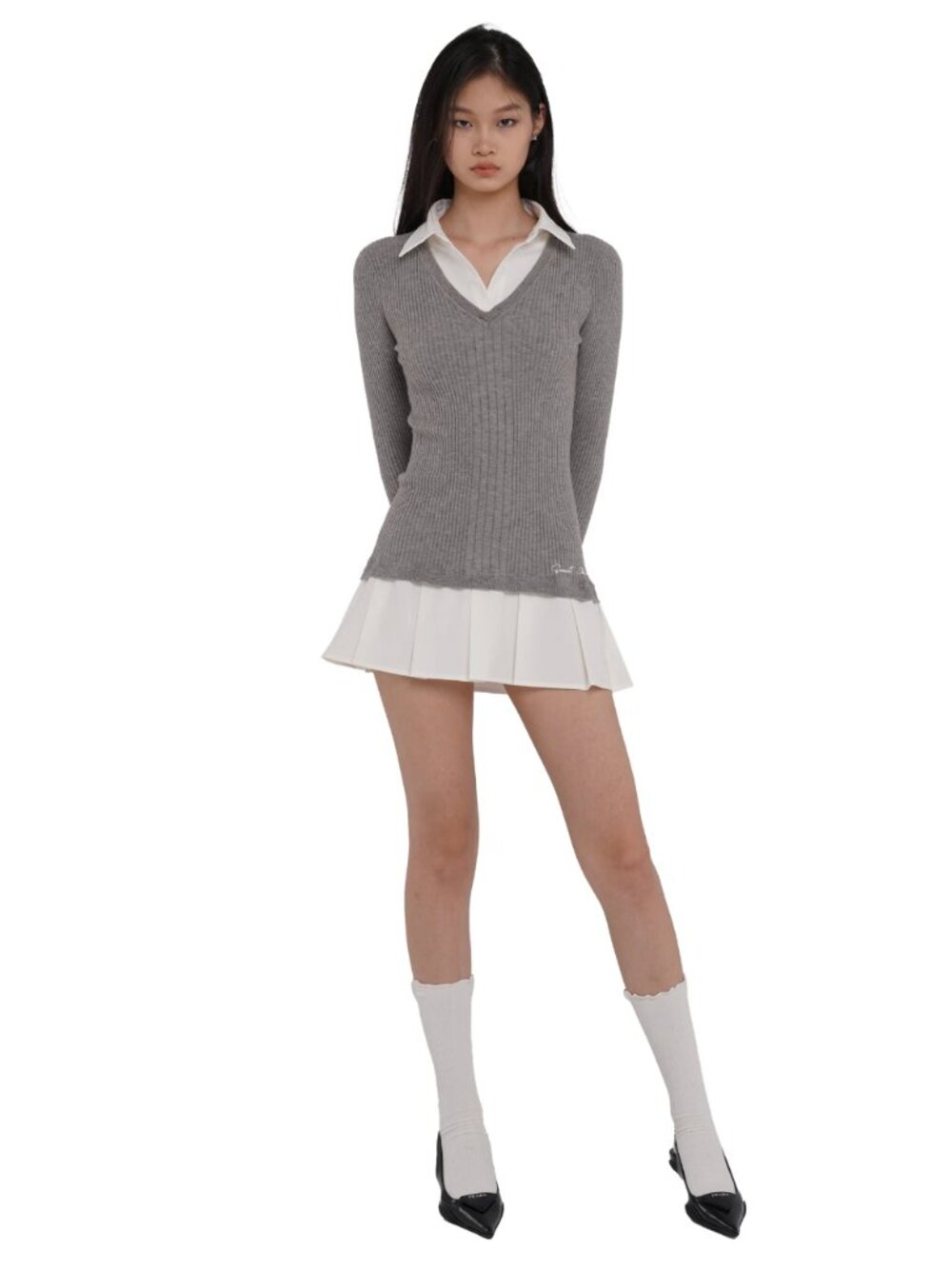 Sweet Chilling The Layered Look Knit Dress Gray Ribbed Collared Mini Dress NWT